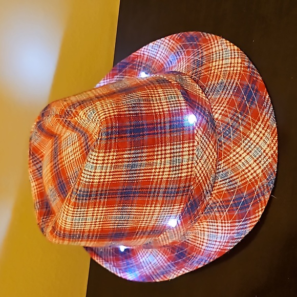 PATRIOTIC FEDORA TRILBY FLASHING LIGHT UP PLAID HAT RED BLUE 4TH JULY - Picture 9 of 9